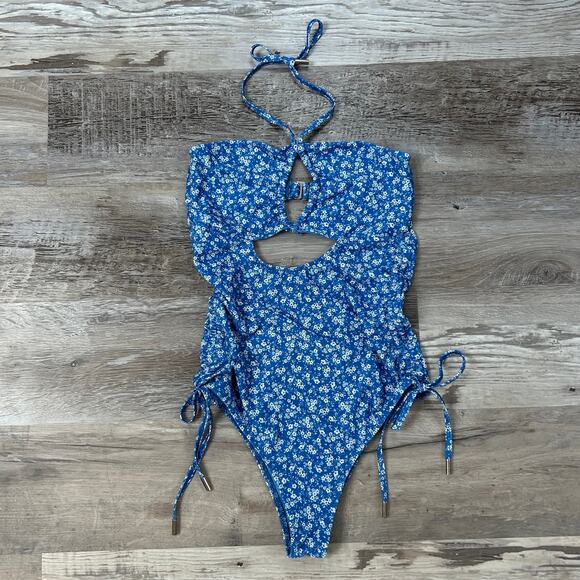 Tularosa Dilara One Piece Swimsuit Blue Floral Cutout XS Revolve Coquette - Picture 2 of 10